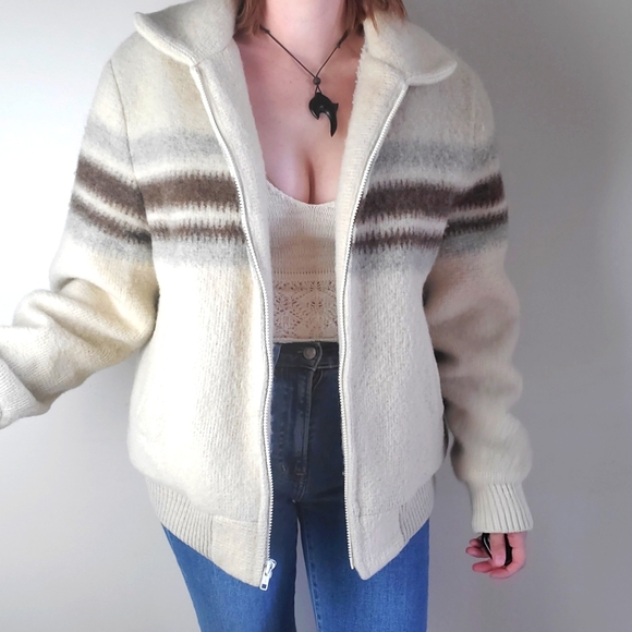 Vintage wool blend zip up striped oversized bomber jacket sherpa lined - Picture 6 of 14
